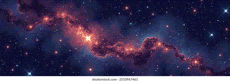 Pixelated amazing huge nebula and glowing stars in universe. Panoramic deep space scene background in vintage pixel art style with dithering effect for 8-bit retro videogame. Vector illustration