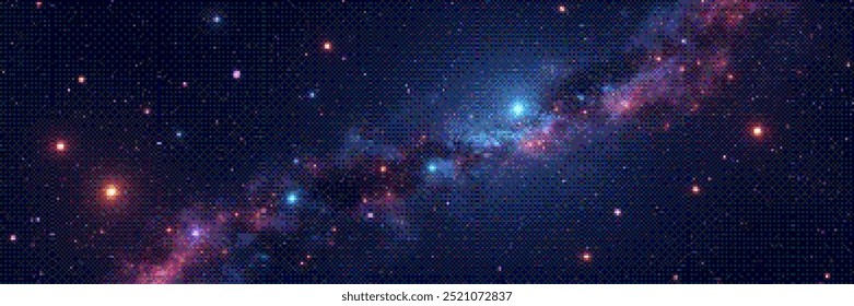 Pixelated amazing huge nebula and glowing stars in universe. Panoramic deep space scene background in vintage pixel art style with dithering effect for 8-bit retro videogame. Vector illustration