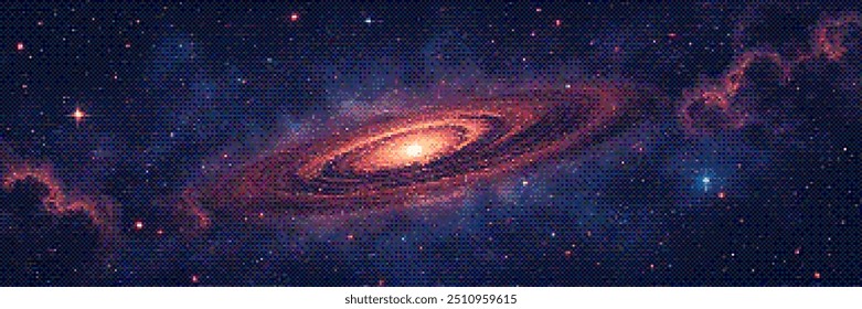 Pixelated amazing huge spiral galaxy and glowing stars in universe. Panoramic deep space scene background in vintage pixelart style with dithering effect for 8-bit retro videogame. Vector illustration