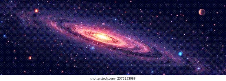 Pixelated amazing huge spiral galaxy and glowing stars in universe. Panoramic deep space scene background in vintage pixelart style with dithering effect for 8-bit retro videogame. Vector illustration