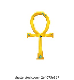 Pixelated ankh icon with bright yellow color, featuring a retro sprite and mosaic design.