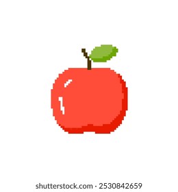 Pixelated apple icon with a green leaf. Retro pixel art of a red apple with a simple design.