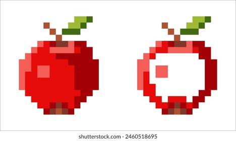 Pixelated apple on a white background. Vector Pixel-style apple icons on an isolated background. Minimalistic geometric images of fruits for menus, salads, juices, healthy and baby food.
