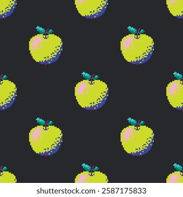Pixelated apples in a seamless pattern. Vintage 8-bit fruits in a repeating print