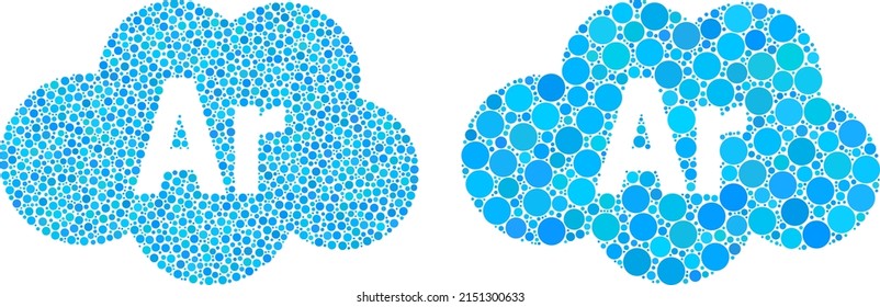 Pixelated argon cloud icon. Mosaic argon cloud icon united from round items in random sizes and color variations. Vector spheric dots are united into mosaic argon cloud icon.
