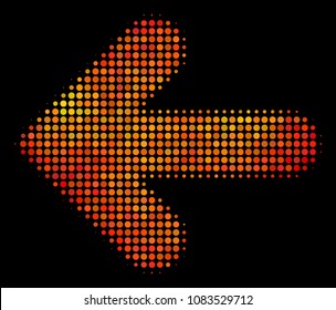 Pixelated arrow left icon. Bright pictogram in fire color hues on a black background. Vector halftone mosaic of arrow left pictogram done from spheric elements.