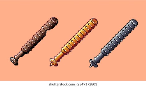 Pixelated art of baseball weapon with spikes. Set of three baseball weapon, wood, golden,and black metal. Perfect for game design asset of pixelated indie game, game design asset 8bit.