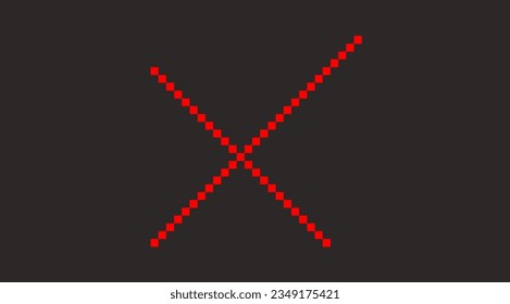 Pixelated art with black background of Cross sign, Disagree red sign pixel art. Disapprove red pixel square form a cross. Useful for asset or pixel art vector for pixel game.