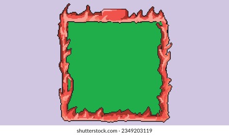 Arte de marco pixelado, marco cuadrado de 8 bits con fuego pixelado. Pintura de cuadro cuadrado pixelado de pantalla verde o marco retrato con un simple diseño de píxeles de píxel.