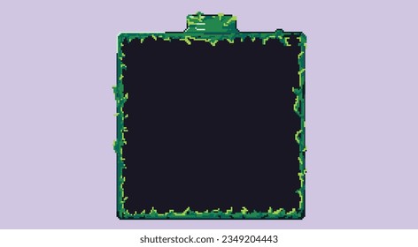 Pixelated art of frame, 8bit square frame with pixelated bladygrass . Black screen overlay pixelated square frame painting or portrait frame with simple pixel art of green grass design.