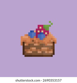 Estilo de arte pixelada de uma fatia de bolo de frutas composta de laranja, sabor de chocolate com mirtilo e morango frutos no topo