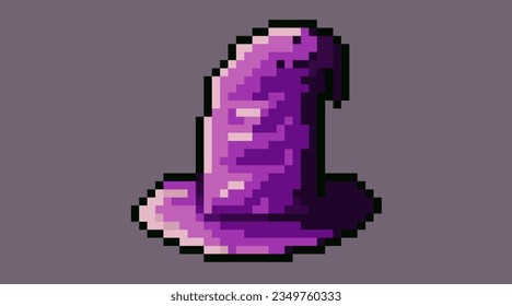 Pixelated art of wizard hat, simple pixel art sorcerer for halloween theme. 8bits character icon, perfect for pixel game design asset or design asset.