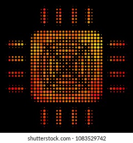 Pixelated asic processor icon. Bright pictogram in orange color hues on a black background. Vector halftone collage of asic processor pictogram constructed of circle pixels.