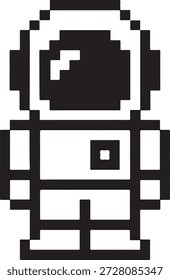 Pixelated astronaut in classic black and white style ready for retro gaming adventures isolated on white background