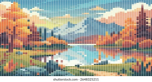Pixelated Autumn Landscape with Lake Reflection, Trees, Mountains, and Sky. Beautiful Digital Art for Nature, Backgrounds, and Retro-Inspired Design.