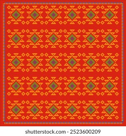 Fondo rojo vibrante del tapiz azteca pixelado con los patrones geométricos amarillos y azules