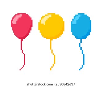 Pixelated balloon icon. Retro pixel three colorful balloons party celebration design decoration digital cartoon icon