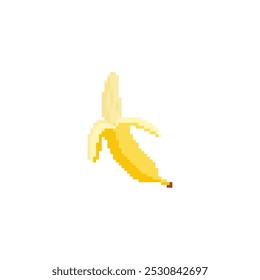 Pixelated banana icon yellow peeled skin. Retro-style pixel art banana simple tropical cartoon design.