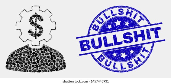 Pixelated banker gear person mosaic icon and Bullshit seal stamp. Blue vector rounded distress seal with Bullshit message. Vector combination in flat style.