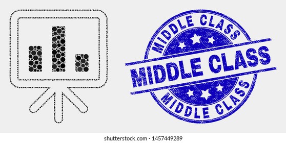 Pixelated Bar Chart Presentation Mosaic Icon And Middle Class Seal Stamp. Blue Vector Rounded Distress Seal Stamp With Middle Class Title. Vector Combination In Flat Style.