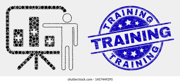 Pixelated bar chart presentation mosaic icon and Training seal stamp. Blue vector round grunge seal stamp with Training caption. Vector composition in flat style.