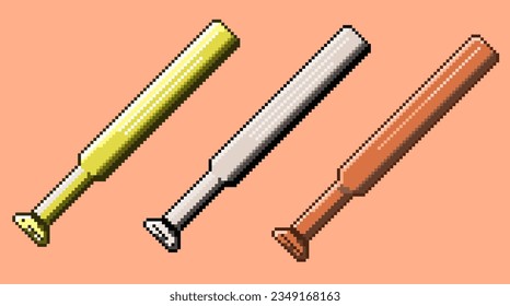 Pixelated of baseball bat, wood,metal,and golden baseball bat, set of baseball bat pixel art. For sport game asset or pixelated sport design. Simple 8bit pixelated art of baseball.