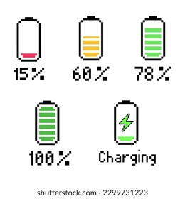 Pixelated Battery charge level set, vertical battery level indicators in percentage