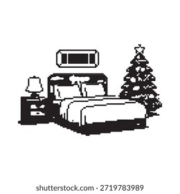 Uma cena de quarto pixelada com uma cabeceira de cama e árvore de natal