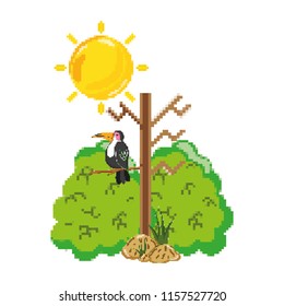 pixelated bird in the stalk tree and bushes