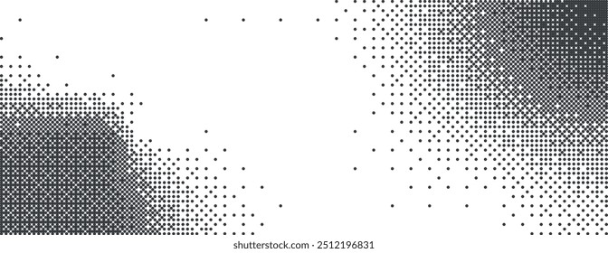 Pixelated bitmap abstract background. Black and white gradient texture. Faded pop art , monochrome wallpaper. Retro 8 bitmap game technology rectangle backdrop. Vector illustration.