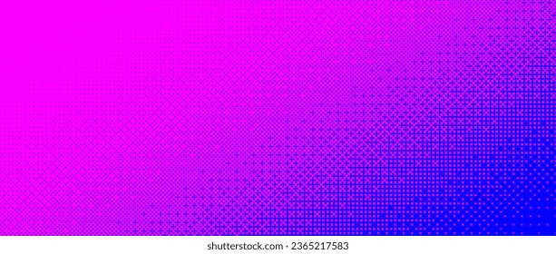 Pixelated bitmap diagonal gradient texture. Blue and pink dither pattern background. Abstract glitchy pattern. 8 bit video game screen wallpaper. Wide pixel art retro illustration. Vector