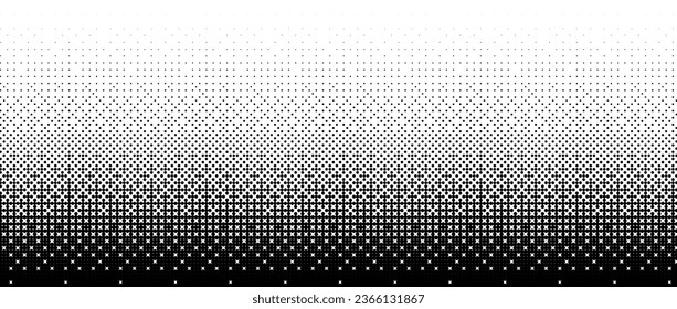 Pixelated bitmap gradient texture. Black and white dither pattern background. Abstract glitchy pattern. 8 bit video game screen wallpaper. Retro pixel art illustration. Vector wide border