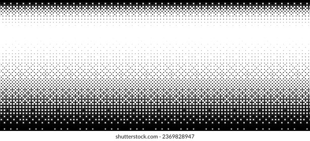 Pixelated bitmap gradient texture. Black and white dither pattern background. 8 bit video game screen wallpaper. Retro glitchy pixel art illustration. Abstract vector wide border