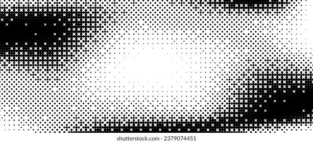 Pixelated bitmap gradient texture. Black and white wavy dither pattern background. Abstract radial glitchy pattern. 8 bit video game screen wallpaper. Wide pixel art retro illustration. Vector