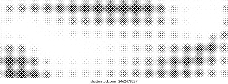 Pixelated bitmap gradient texture. Black and white dither pattern background. Abstract glitchy pattern. 8 bit video game screen wallpaper. Wide raster backdrop. Retro pixel art Illustration. Vector