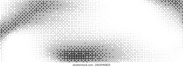 Pixelated bitmap gradient texture. Black and white dither pattern wallpaper. Abstract glitchy pattern. 8 bit video game background. Wide raster backdrop. Retro pixel art Illustration. Vector