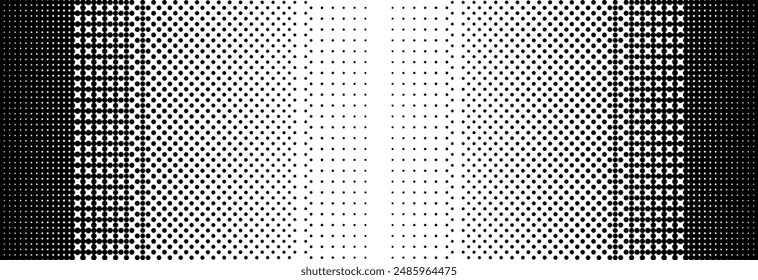 Pixelated bitmap gradient texture. Black and white dither pattern background. 8 bit video game screen wallpaper. Retro glitchy pixel art illustration. Abstract vector wide dithering border