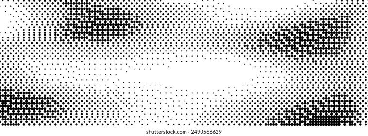 Pixelated bitmap gradient texture. Black and white dither spots background. 8 bit video game screen wallpaper. Retro glitchy pixel art illustration. Abstract vector wavy dithering border overlay