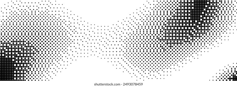 Pixelated bitmap gradient texture. Black dither wavy background. 8 bit video game screen wallpaper. Retro glitch pixel art backdrop. Abstract curve dithering border overlay. Vector