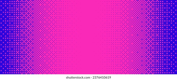 Pixelated bitmap gradient texture. Blue and pink dither pattern background. Abstract glitchy pattern. 8 bit video game screen wallpaper. Wide pixel art retro illustration. Vector horizontal backdrop