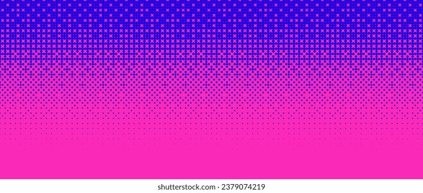 Pixelated bitmap gradient texture. Blue pink dither pattern background. Abstract glitchy pattern. 8 bit video game screen wallpaper. Wide pixel art retro illustration. Vector horizontal backdrop