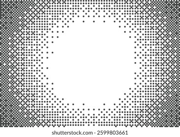 Pixelated bitmap gradient texture circle frame isolated on transparent background with copy space. Retro pixel art, black dither pattern, 8 bit background. Vector illustration