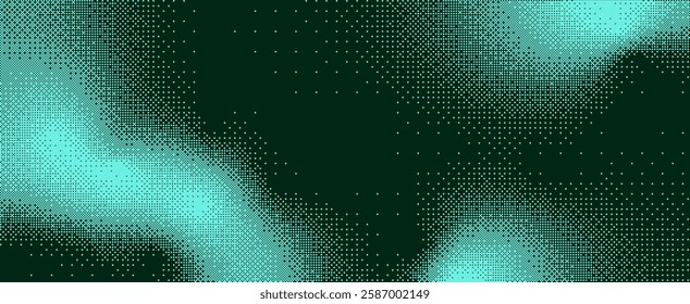 Pixelated bitmap gradient texture. Retro pixel art, green dither pattern, 8 bit background. Vector illustration	