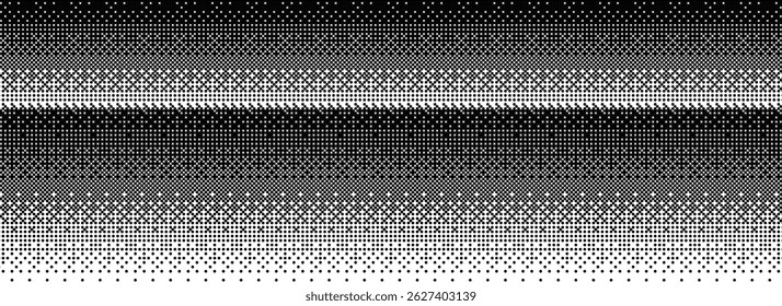 Pixelated bitmap gradient texture. Retro pixel art, black dither pattern, 8 bit background. Vector illustration simple halftone dot gradation from black to transparent, white.