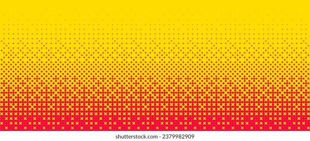 Pixelated bitmap gradient texture. Yellow orange dither pattern background. Abstract glitchy pattern. 8 bit video game screen wallpaper. Wide horizontal pixel art retro illustration. Vector backdrop