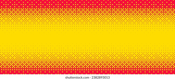 Pixelated bitmap gradient texture. Yellow and orange dither pattern background. Abstract glitchy edge pattern. 8 bit video game screen wallpaper. Colorful pixel art retro illustration. Vector backdrop