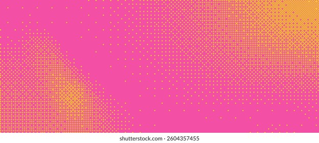 Pixelated bitmap gradient texture in yellow and pink color. Retro pixel art, glitch dither pattern, 8 bit background. Leisure or arcade games duotone border frame. Vector illustration
