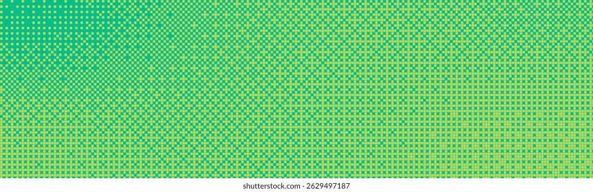 Pixelated bitmap gradient texture in yellow and green color. Retro pixel art, glitch dither pattern, 8 bit background. Leisure or arcade games duotone border frame. Vector illustration
