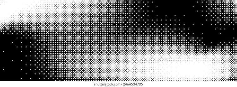 Pixelated bitmap grunge gradient texture. Black dither pattern wallpaper. Abstract glitchy pattern. 8 bit video game background. Wide raster backdrop. Retro pixel art Illustration. Vector