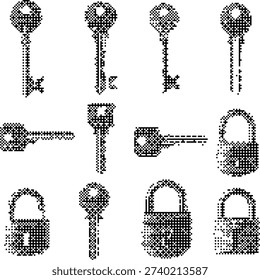 Pixelated Bitmap key icons dithered texture retro aesthetic digital noise Y2K asset isolated on transparent background vector illustration design projects.